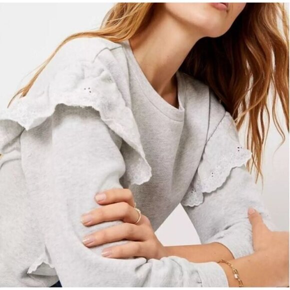 LOFT Sweater Womens Large Embroidered Ruffle Sleeve Sweatshirt Gray Cotton Boho - Picture 3 of 10